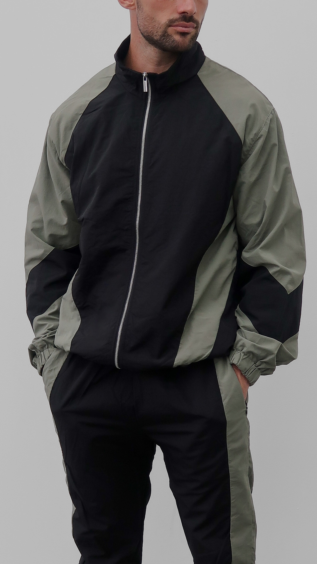 Premium Lined Two-Tone Nylon Jacket in Black/Green