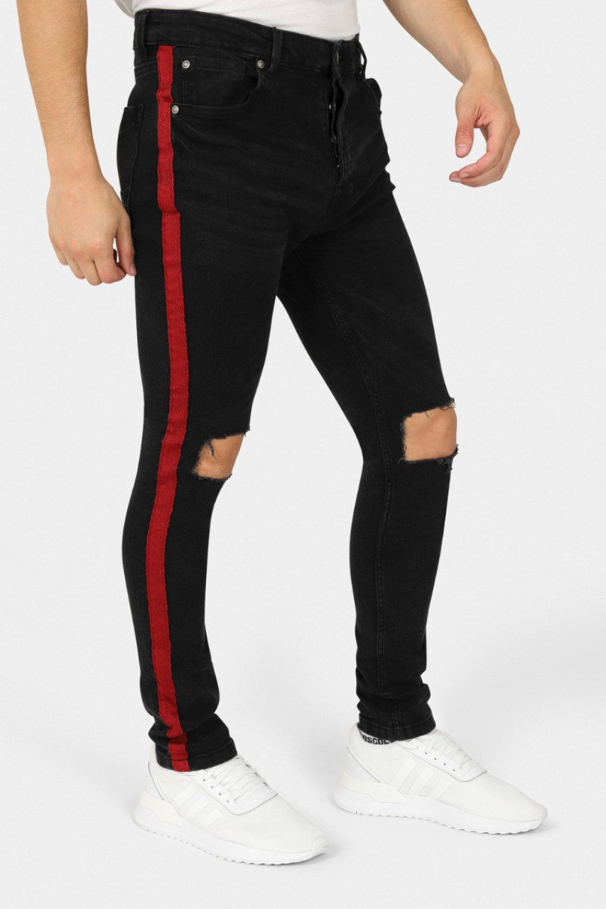 Mens black jeans with red stripe sale